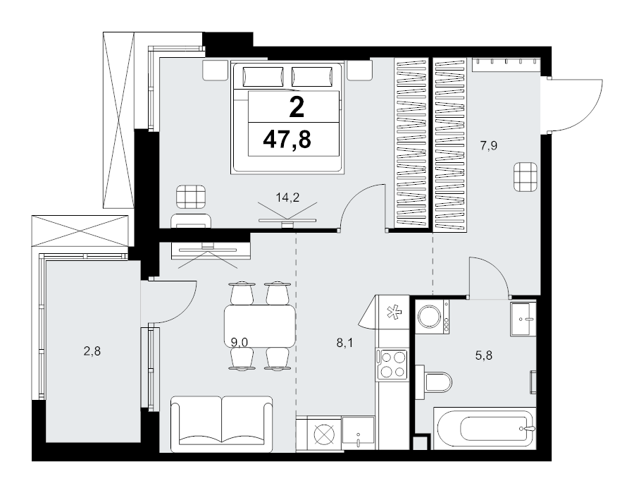 2 ккв (Евро) 47,8 м²