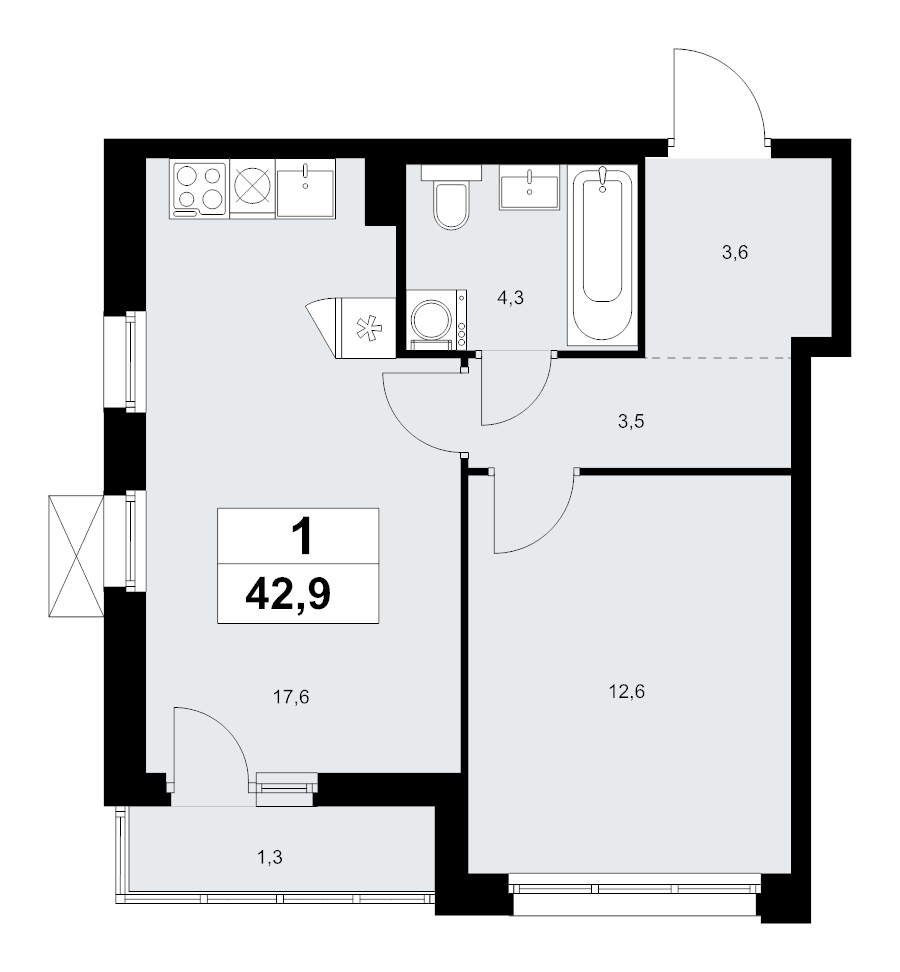 2 ккв (Евро) 42,9 м²