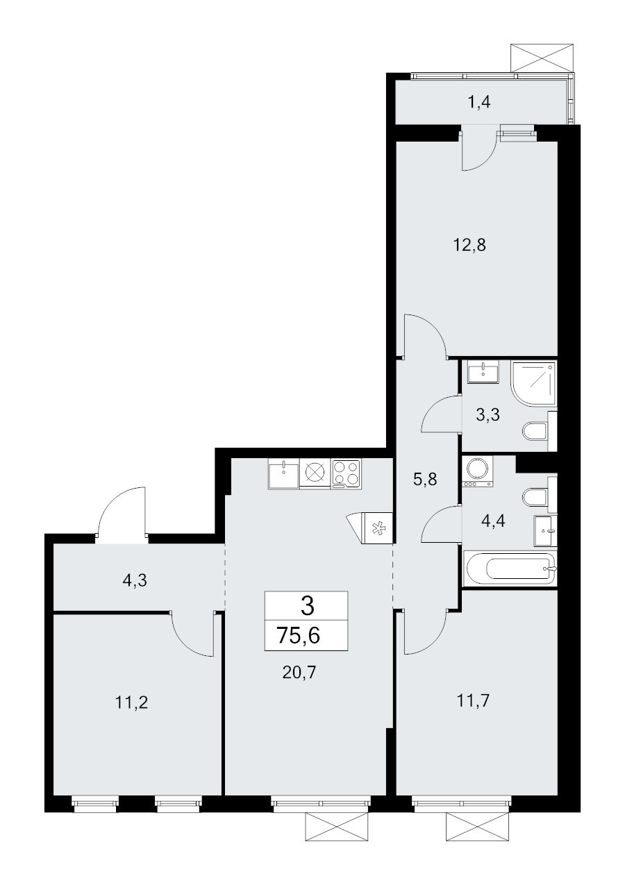 4 ккв (Евро) 75,6 м²