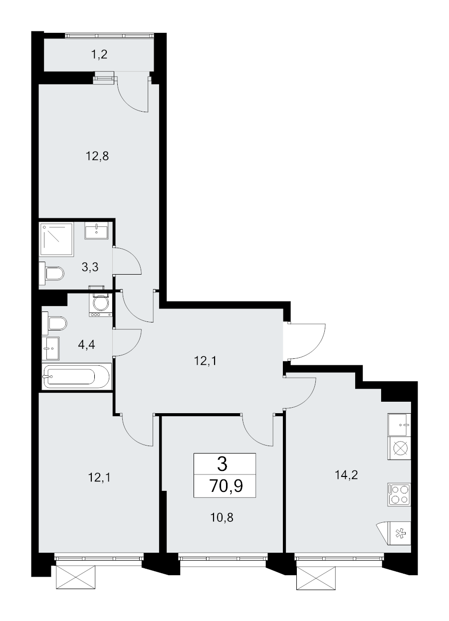 3 ккв 70,9 м²
