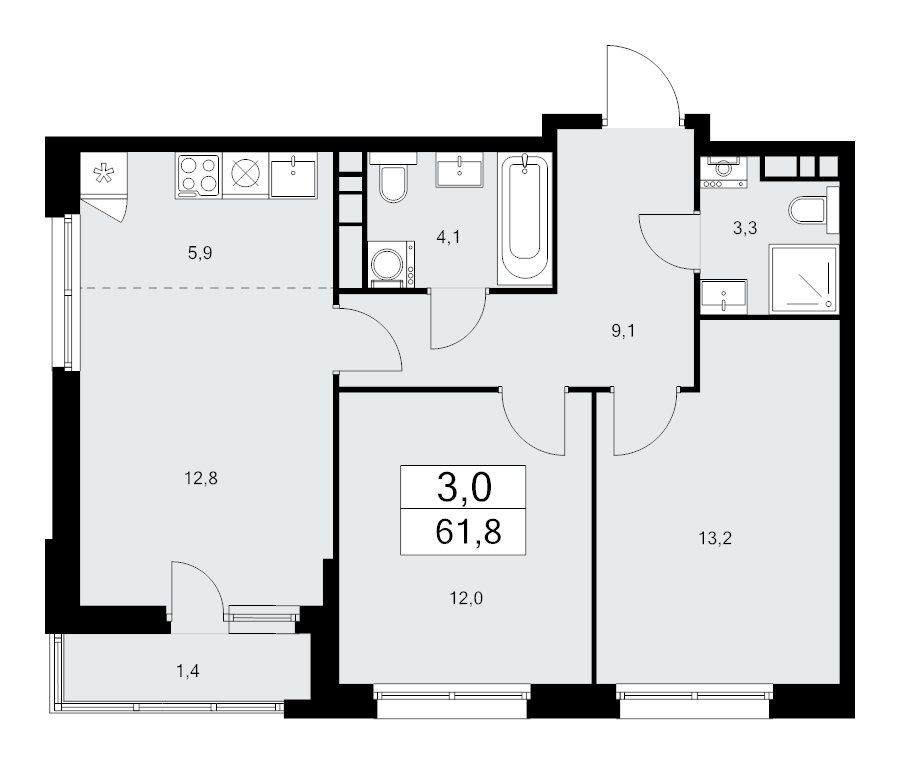 3 ккв (Евро) 61,8 м²