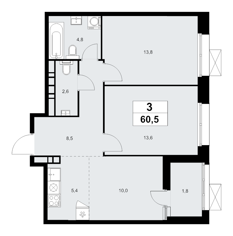 3 ккв (Евро) 60,5 м²