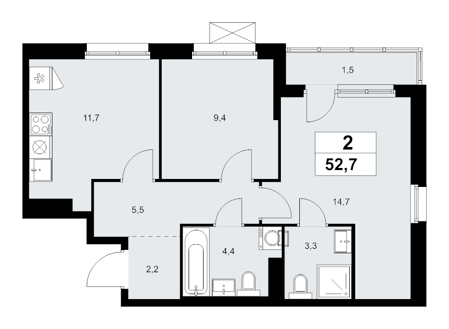 2 ккв 52,7 м²