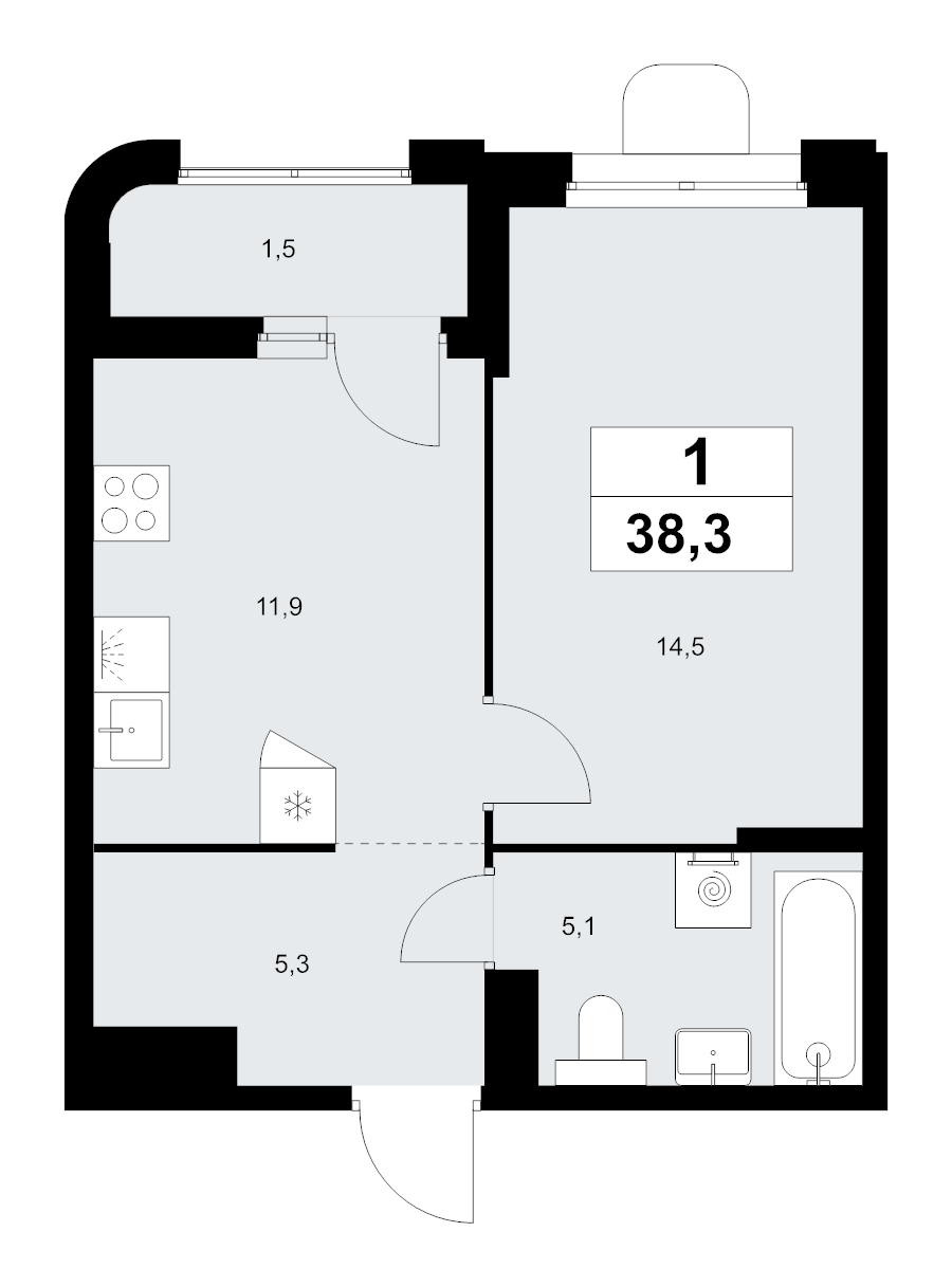 1 ккв 38,3 м²