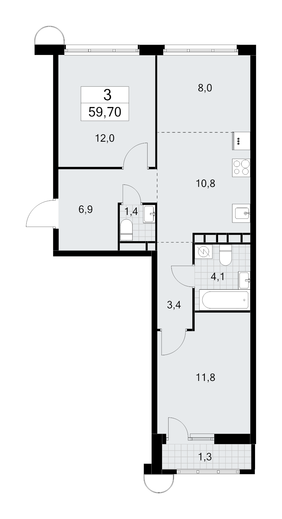 3 ккв (Евро) 59,7 м²