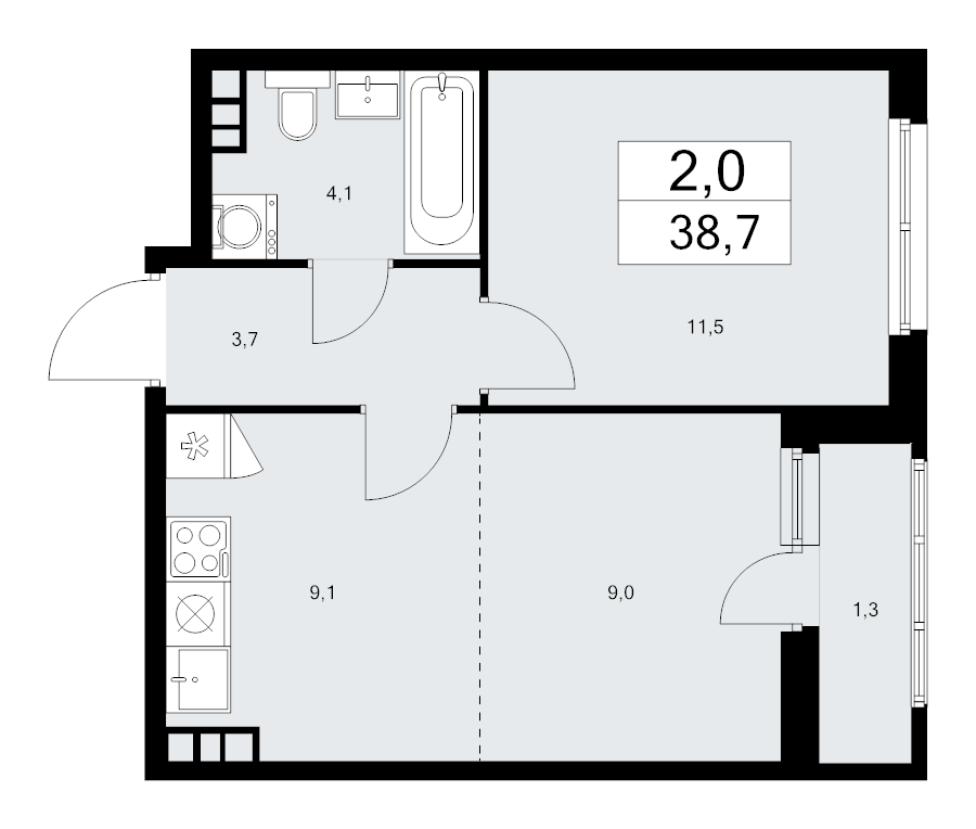 2 ккв (Евро) 38,7 м²