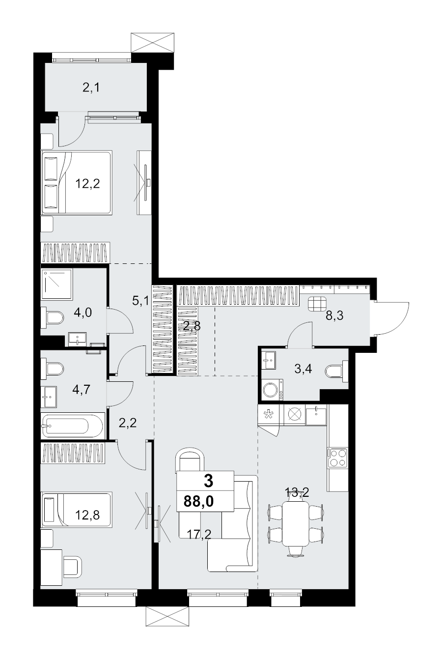 3 ккв (Евро) 88 м²