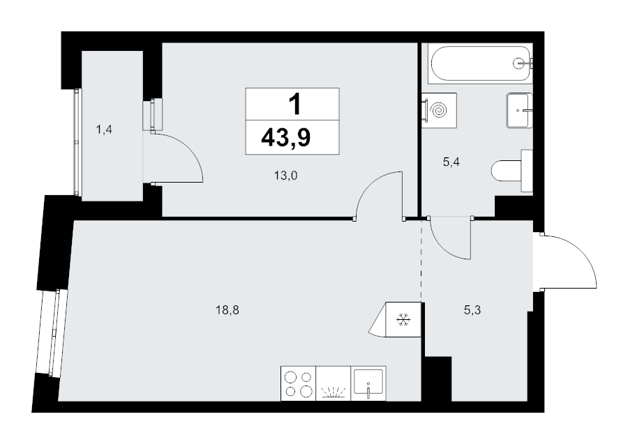 2 ккв (Евро) 43,9 м²