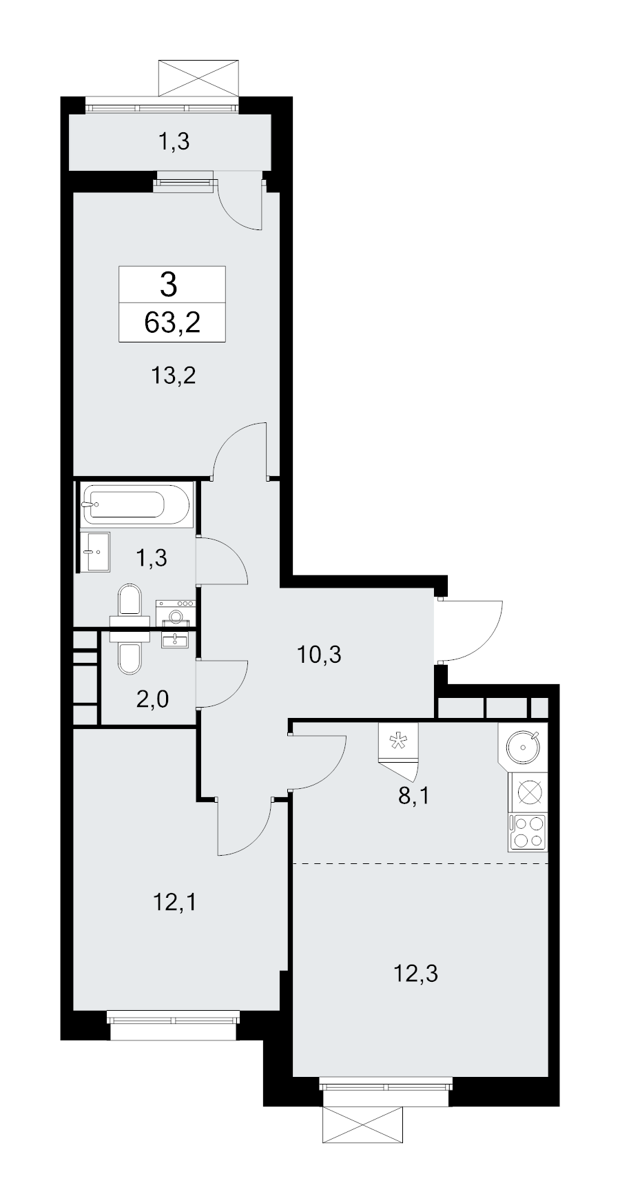 3 ккв (Евро) 63,2 м²