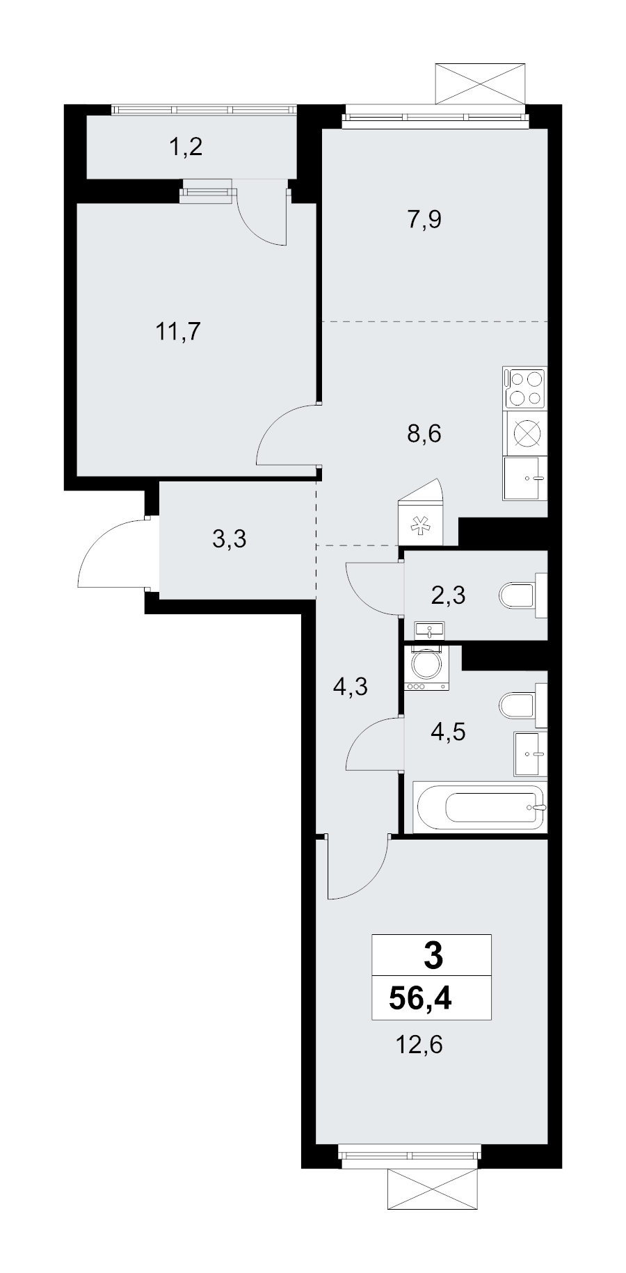 3 ккв (Евро) 56,4 м²