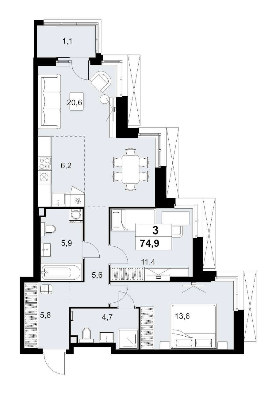 3 ккв (Евро) 74,9 м²