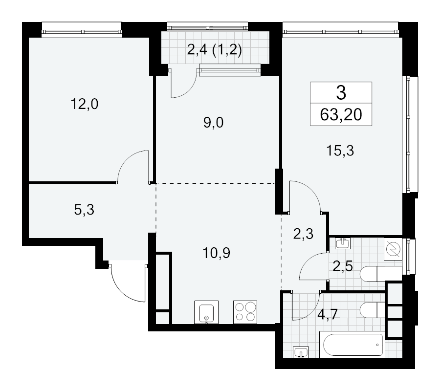 3 ккв (Евро) 63,2 м²