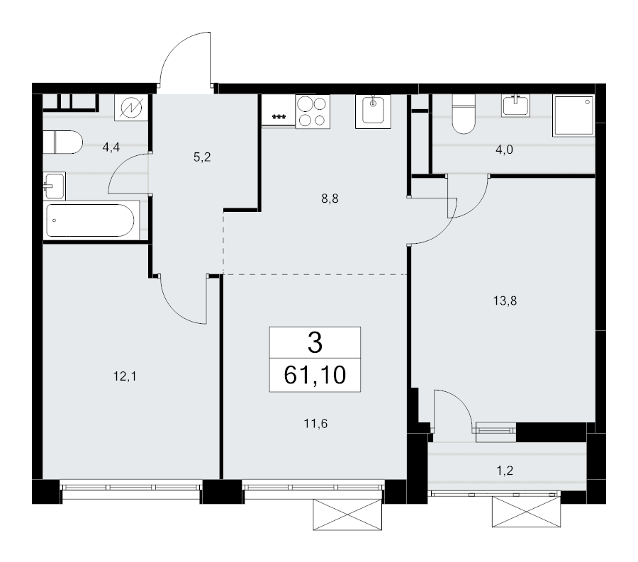 3 ккв (Евро) 61,1 м²