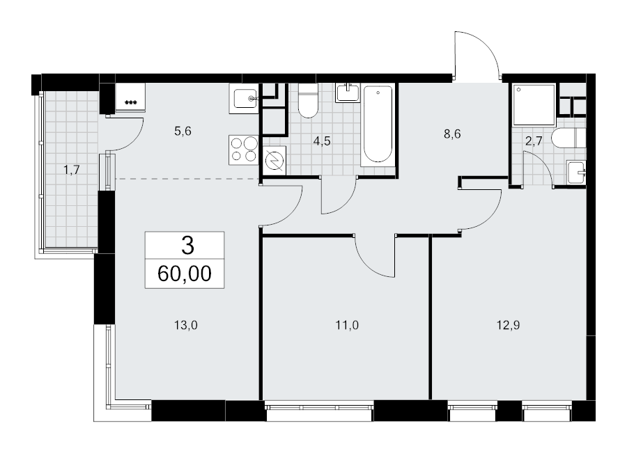3 ккв (Евро) 60 м²