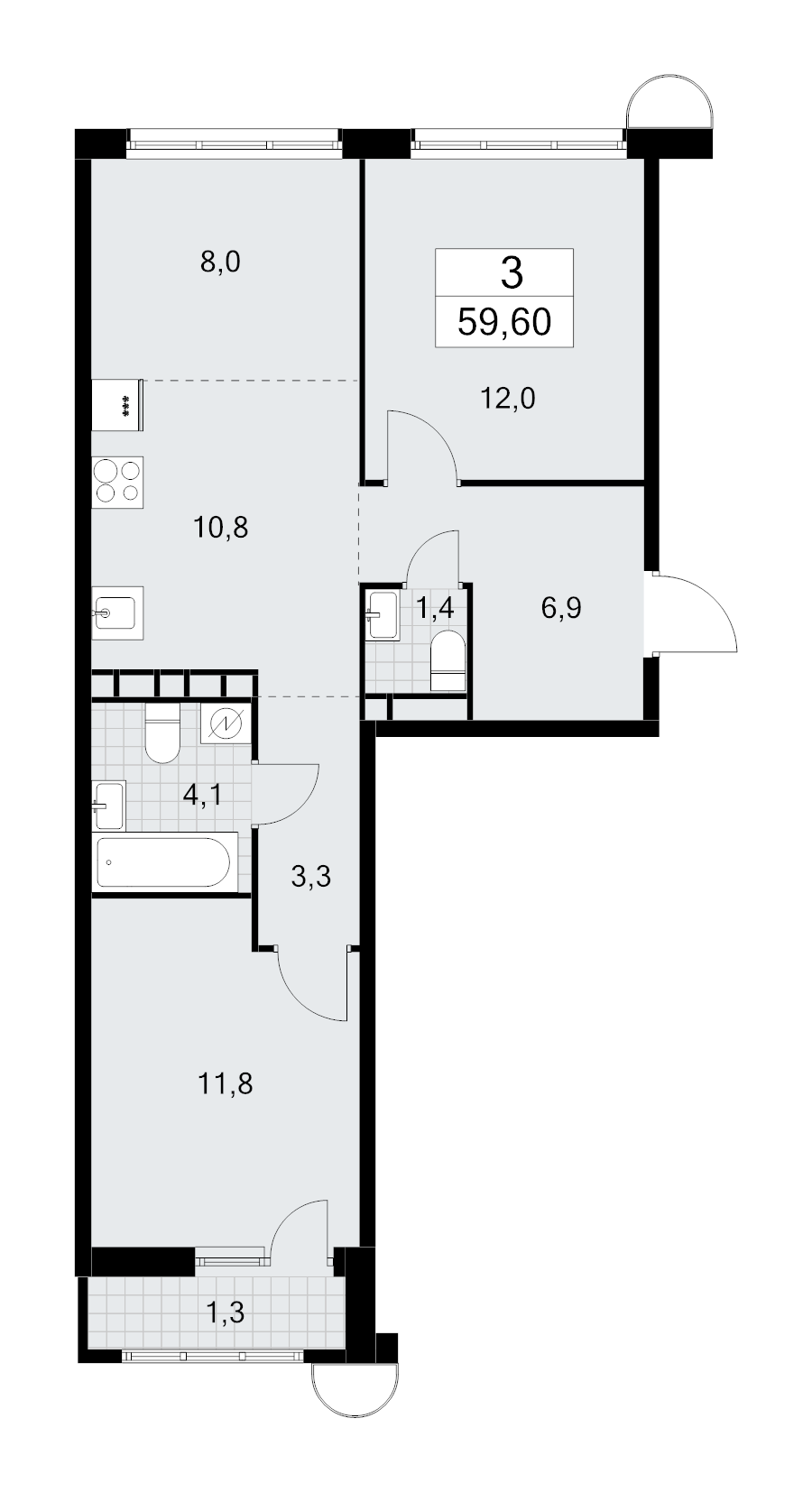 3 ккв (Евро) 59,6 м²