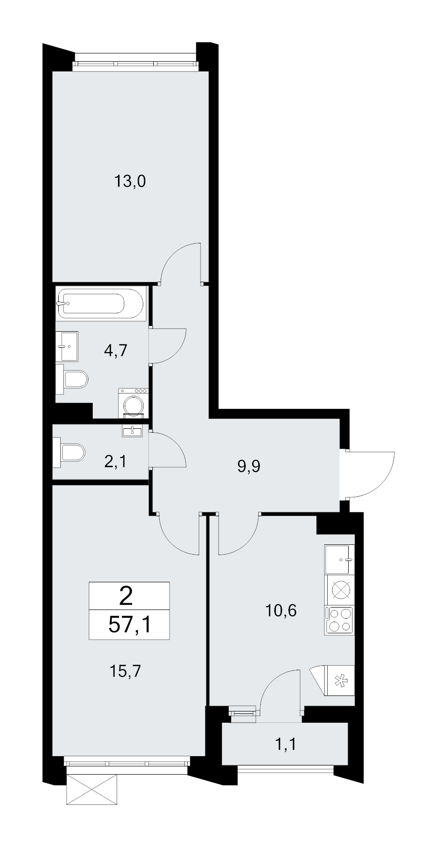 2 ккв 57,1 м²
