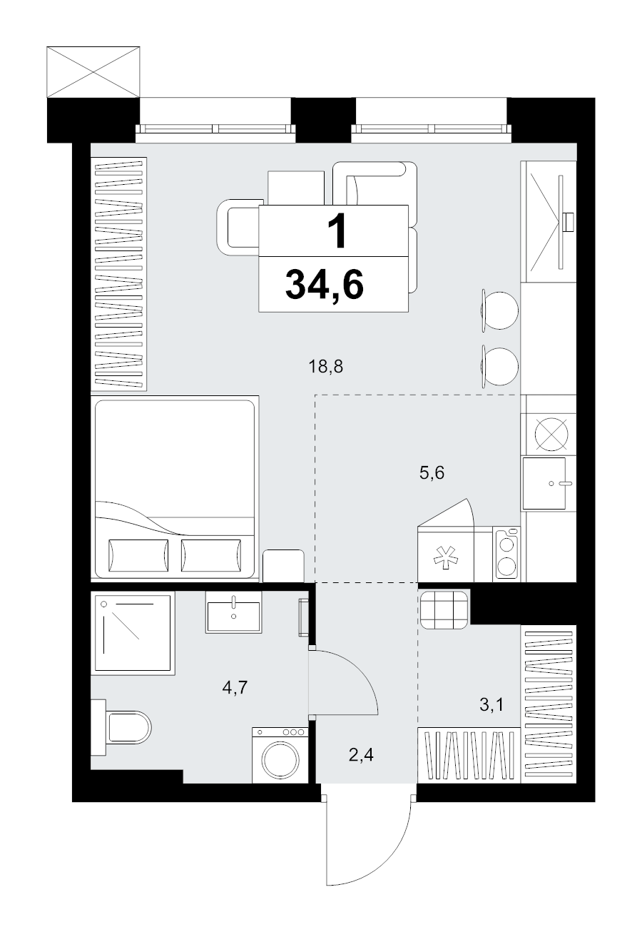 Студия 34,6 м²