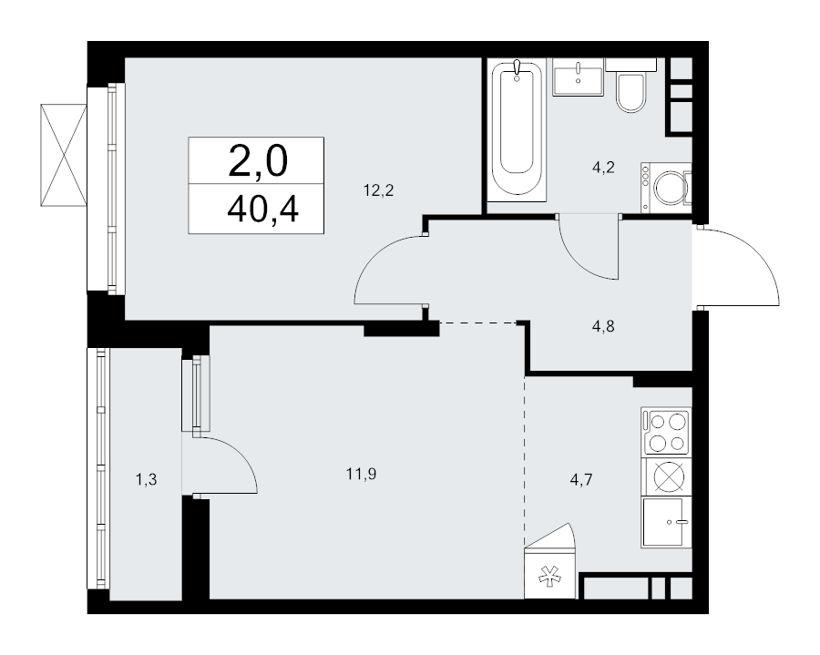 2 ккв (Евро) 38,9 м²