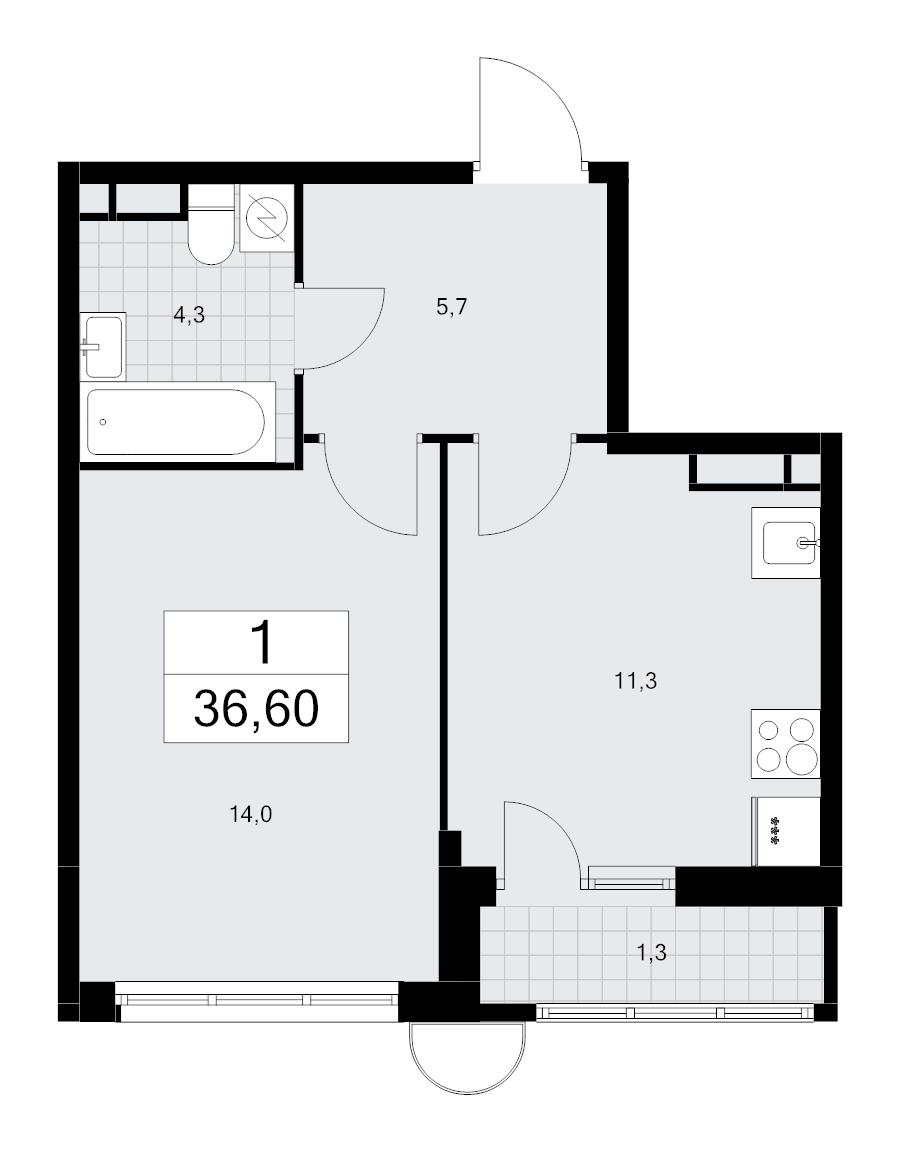 1 ккв 36,6 м²