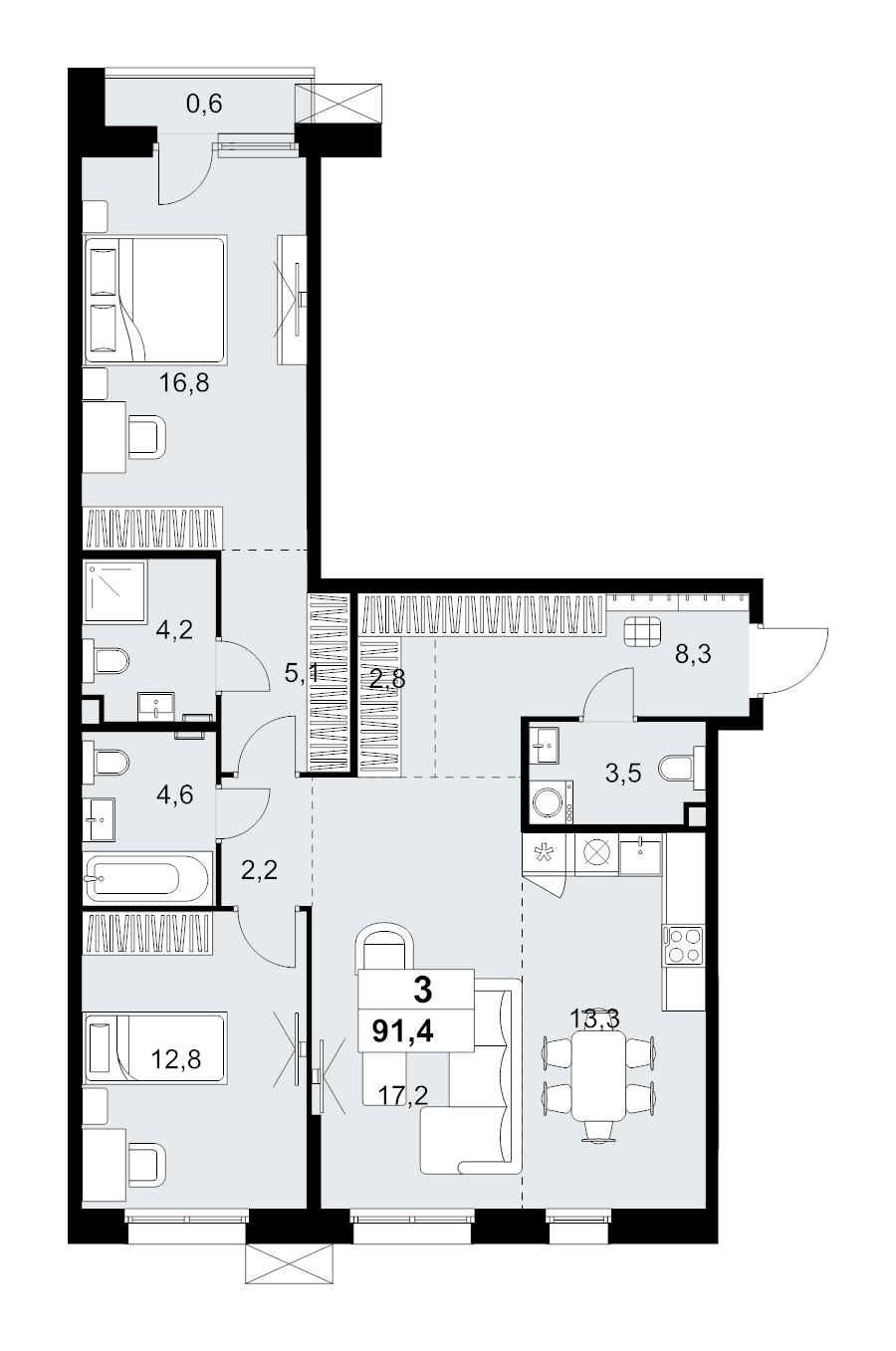 3 ккв (Евро) 91,4 м²
