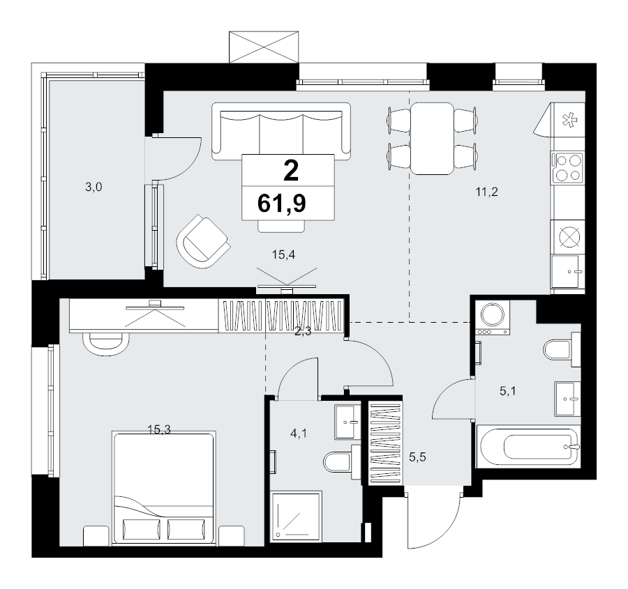 2 ккв (Евро) 61,9 м²