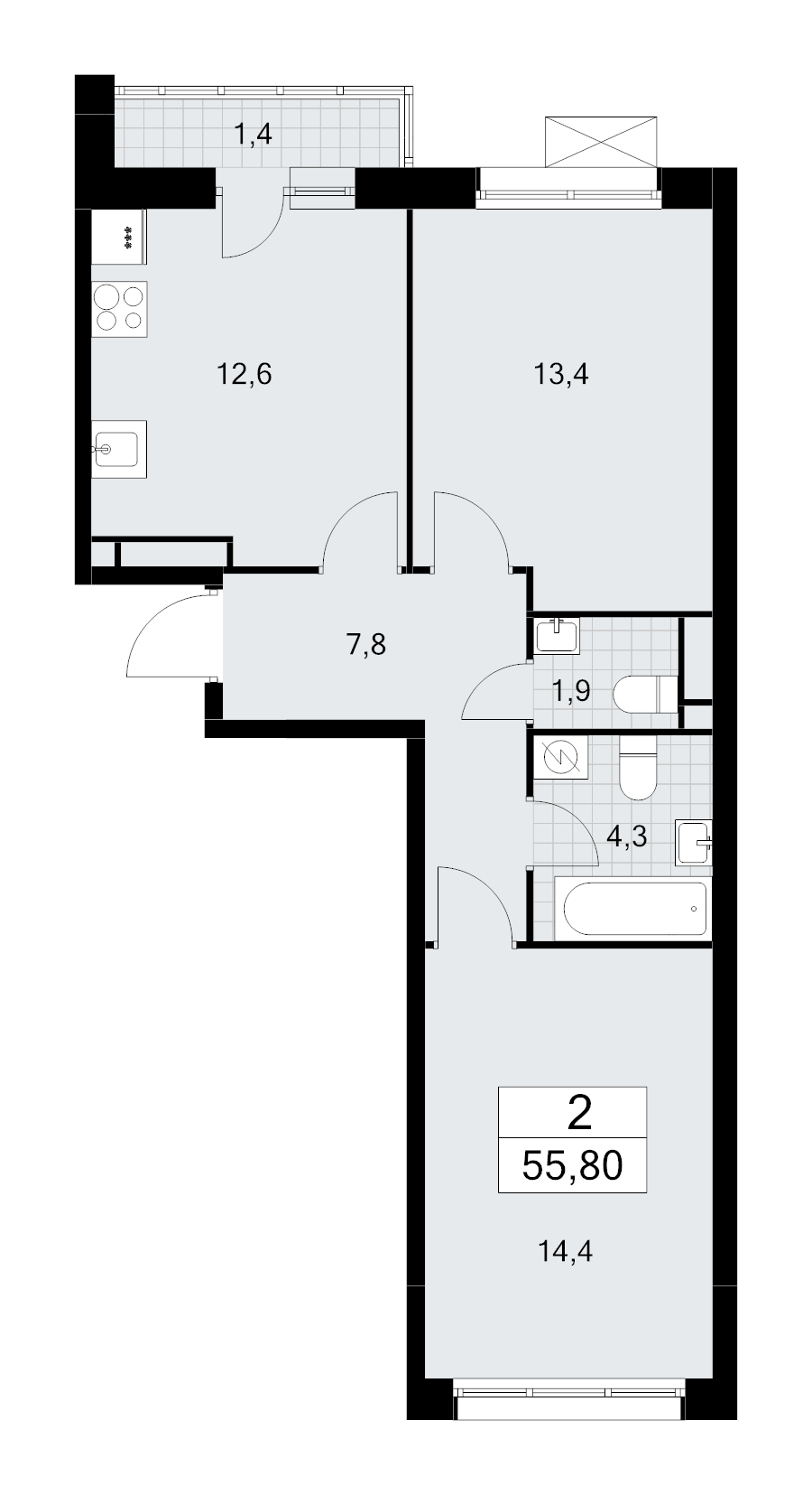 2 ккв 55,8 м²
