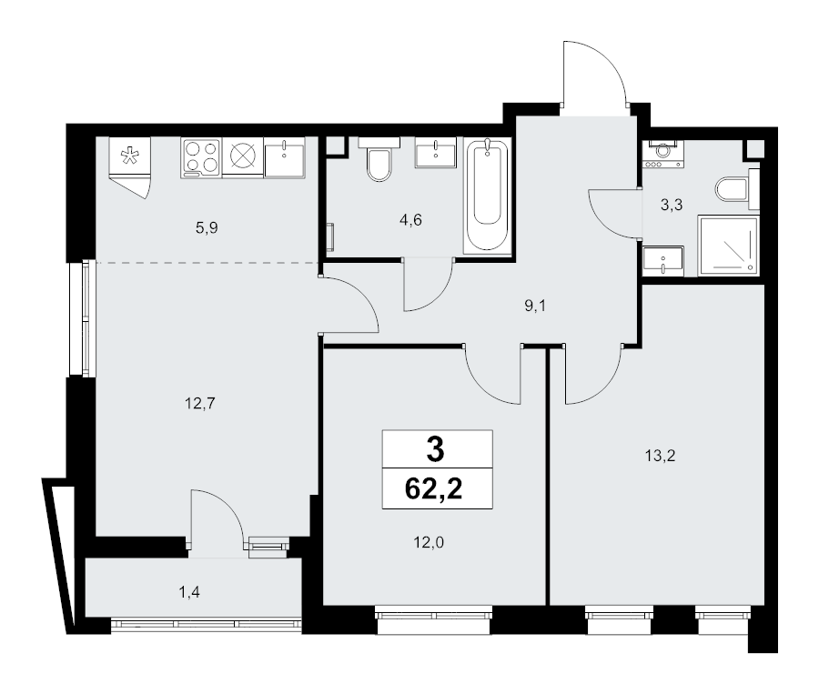 3 ккв (Евро) 62,2 м²