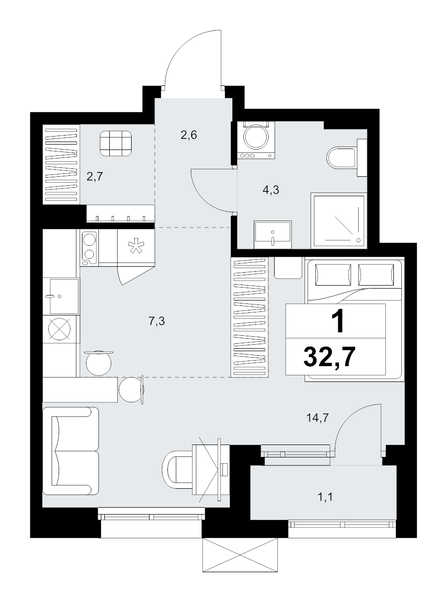 Студия 32,7 м²