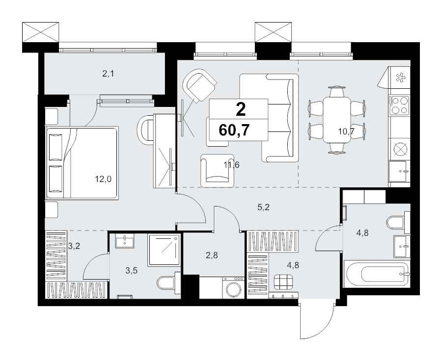 2 ккв (Евро) 60,7 м²