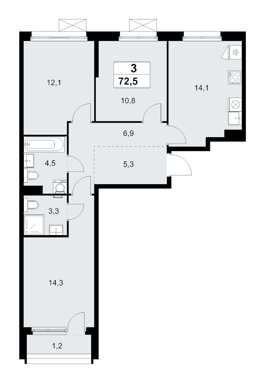 3 ккв 72,5 м²