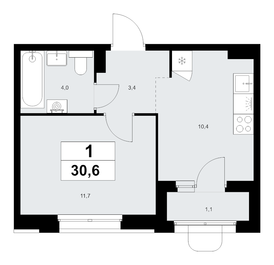 1 ккв 30,6 м²