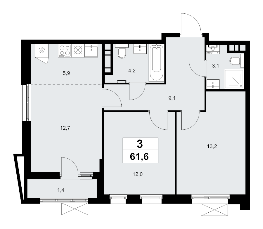 3 ккв (Евро) 61,6 м²