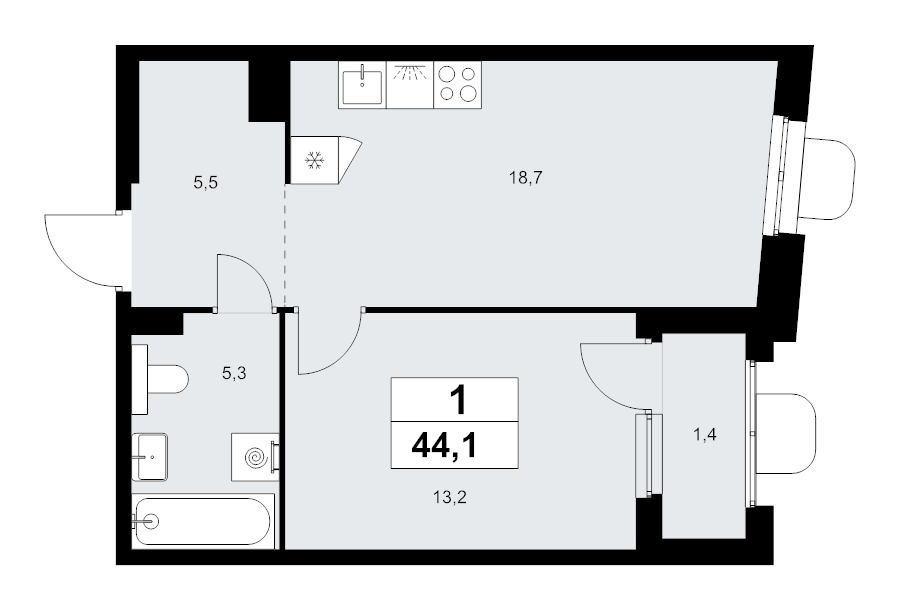 2 ккв (Евро) 44,1 м²