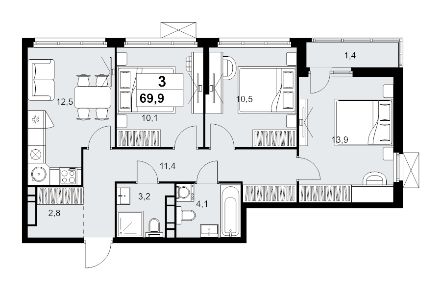 3 ккв 69,9 м²