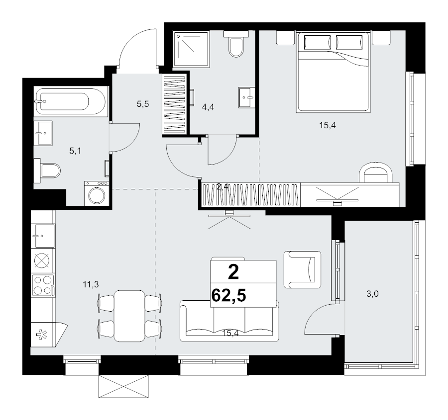 2 ккв (Евро) 62,5 м²