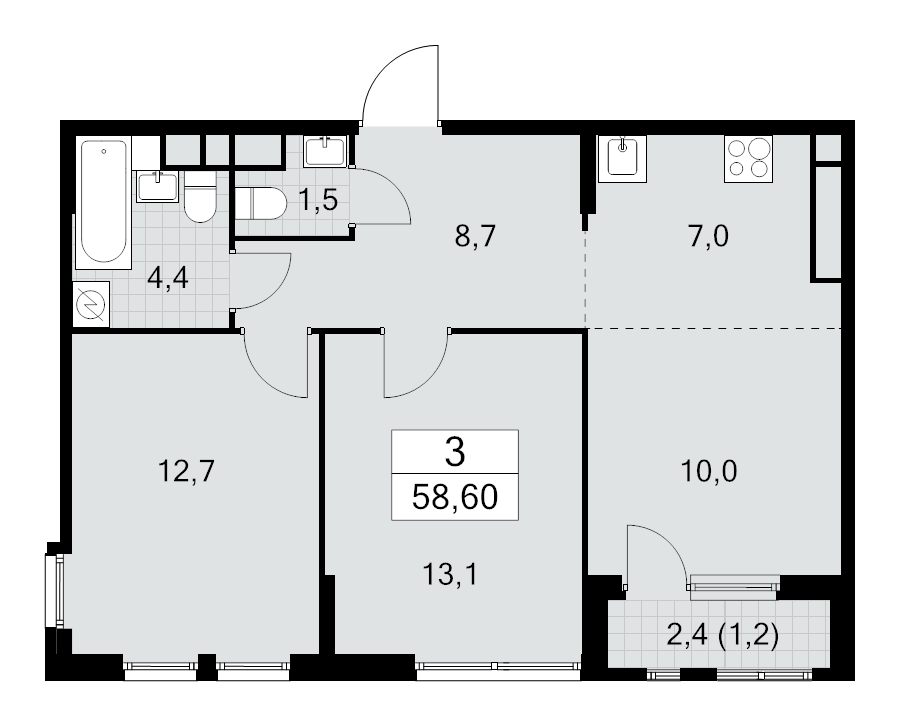 3 ккв (Евро) 58,6 м²