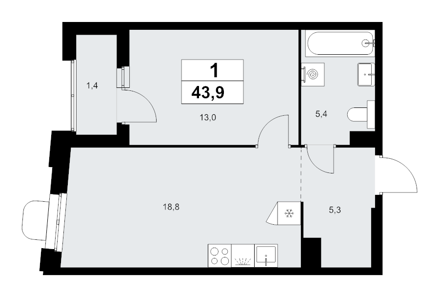 2 ккв (Евро) 43,9 м²
