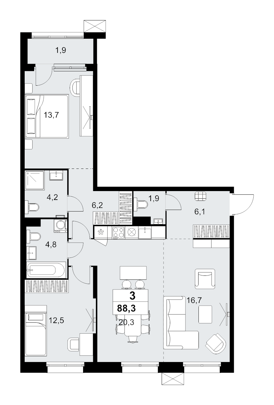 3 ккв (Евро) 88,3 м²