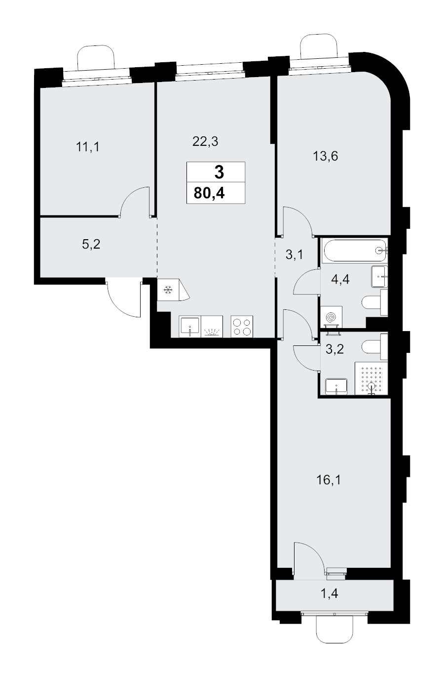 4 ккв (Евро) 80,4 м²