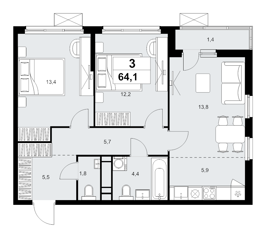 3 ккв (Евро) 64,1 м²
