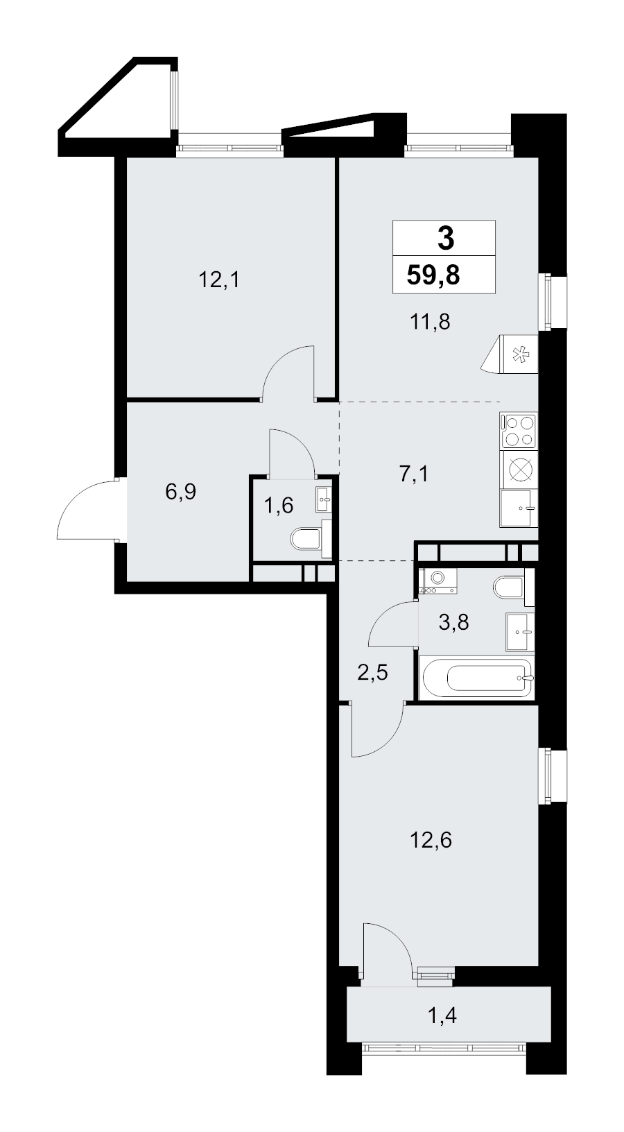 3 ккв (Евро) 59,8 м²