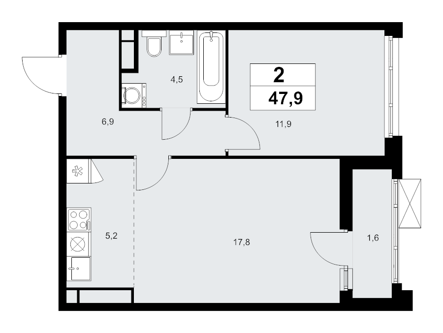 2 ккв (Евро) 47,9 м²