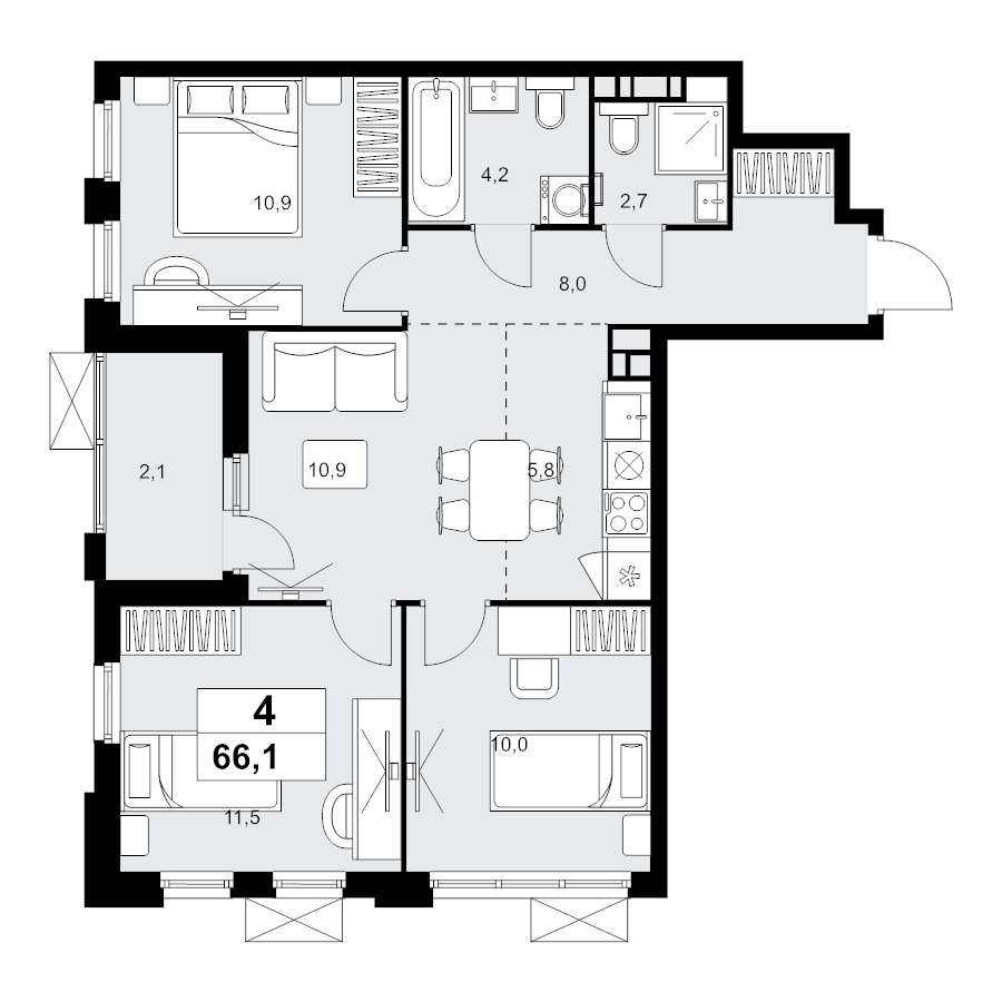 4 ккв (Евро) 66,1 м²