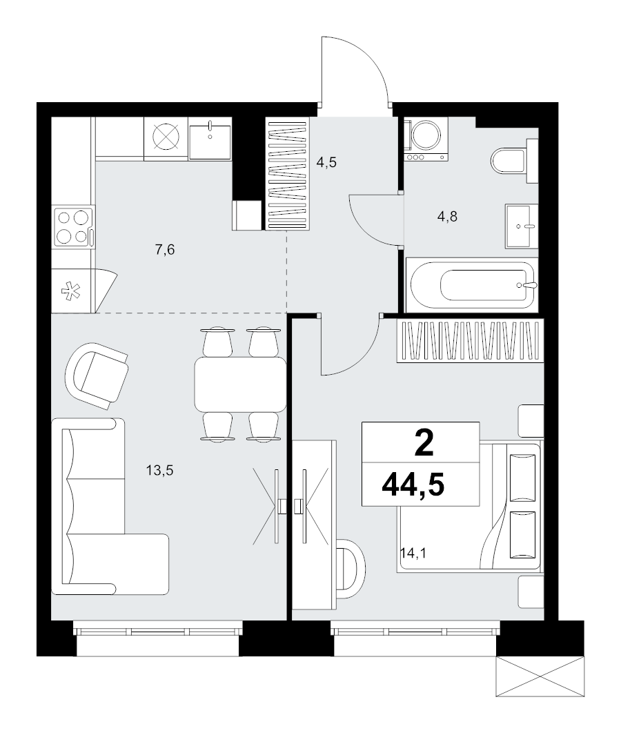 2 ккв (Евро) 44,5 м²