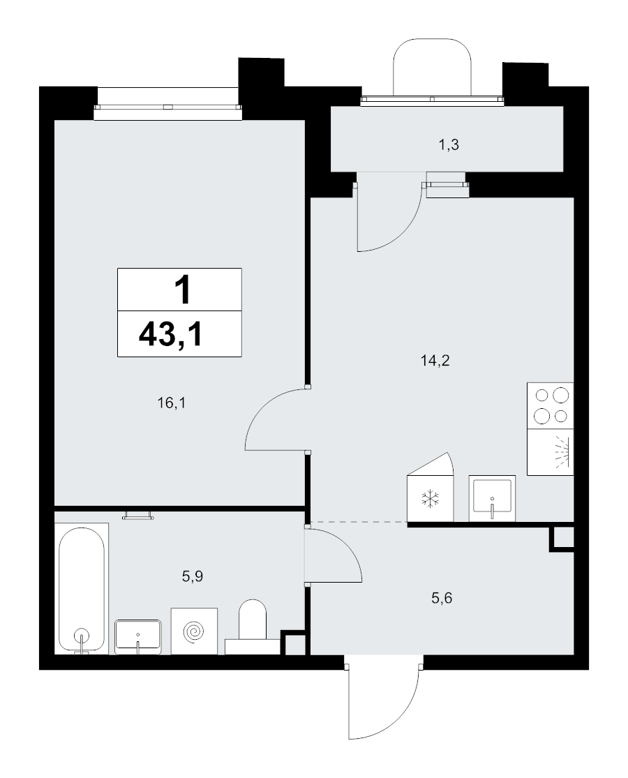1 ккв 43,1 м²