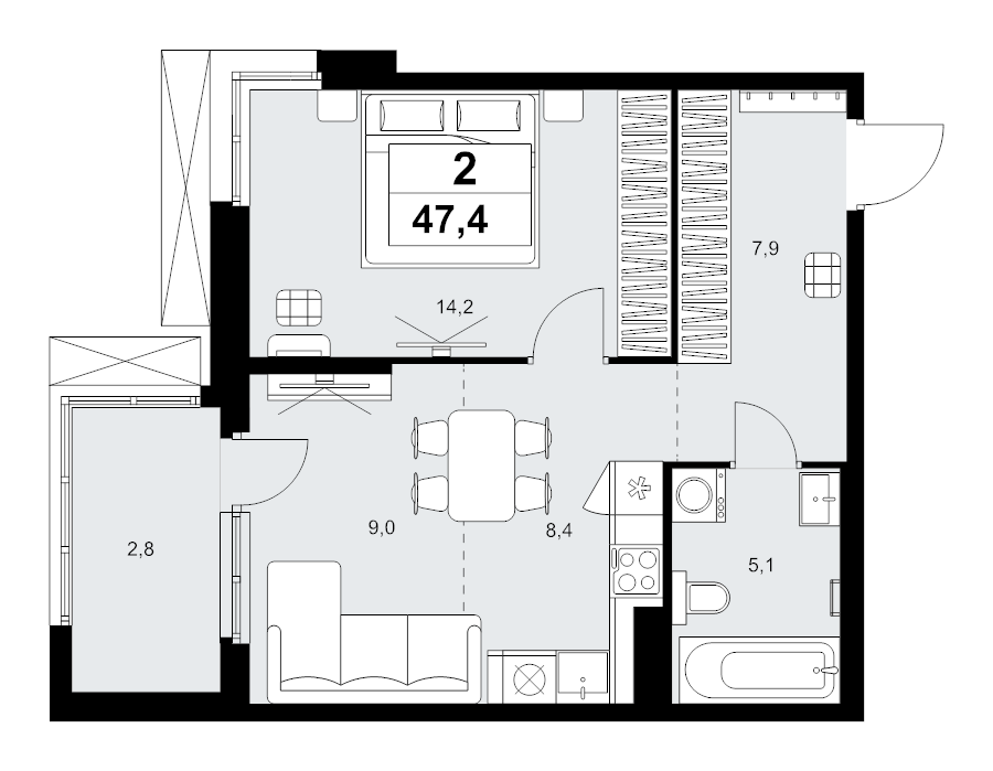 2 ккв (Евро) 47,4 м²
