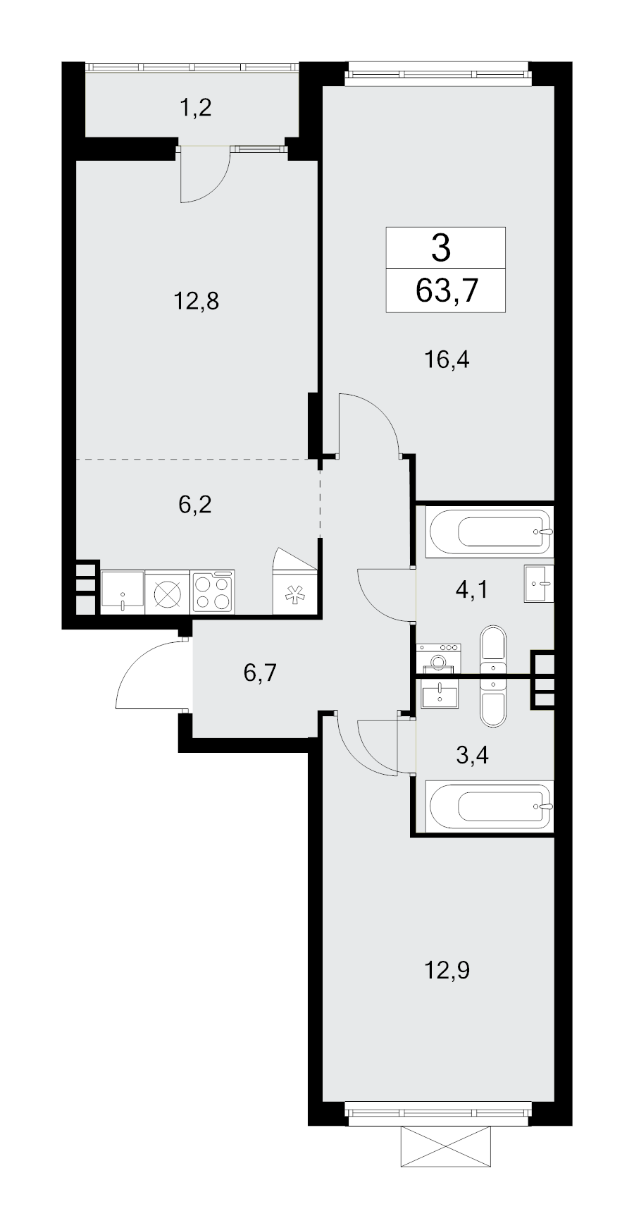 3 ккв (Евро) 63,7 м²