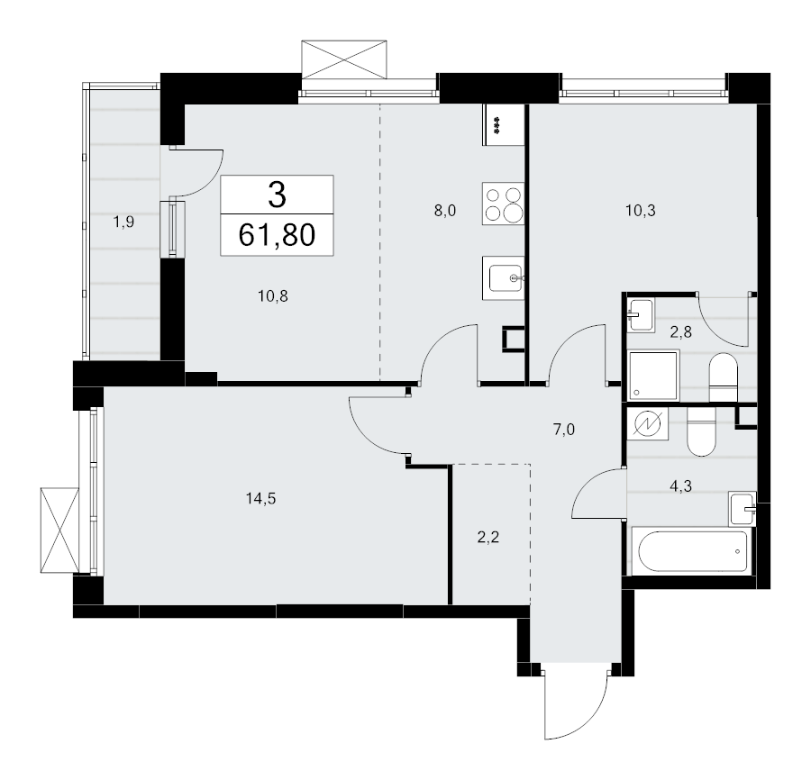 3 ккв (Евро) 61,8 м²