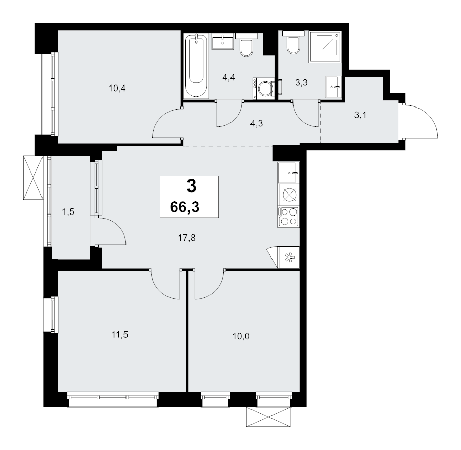 4 ккв (Евро) 66,3 м²