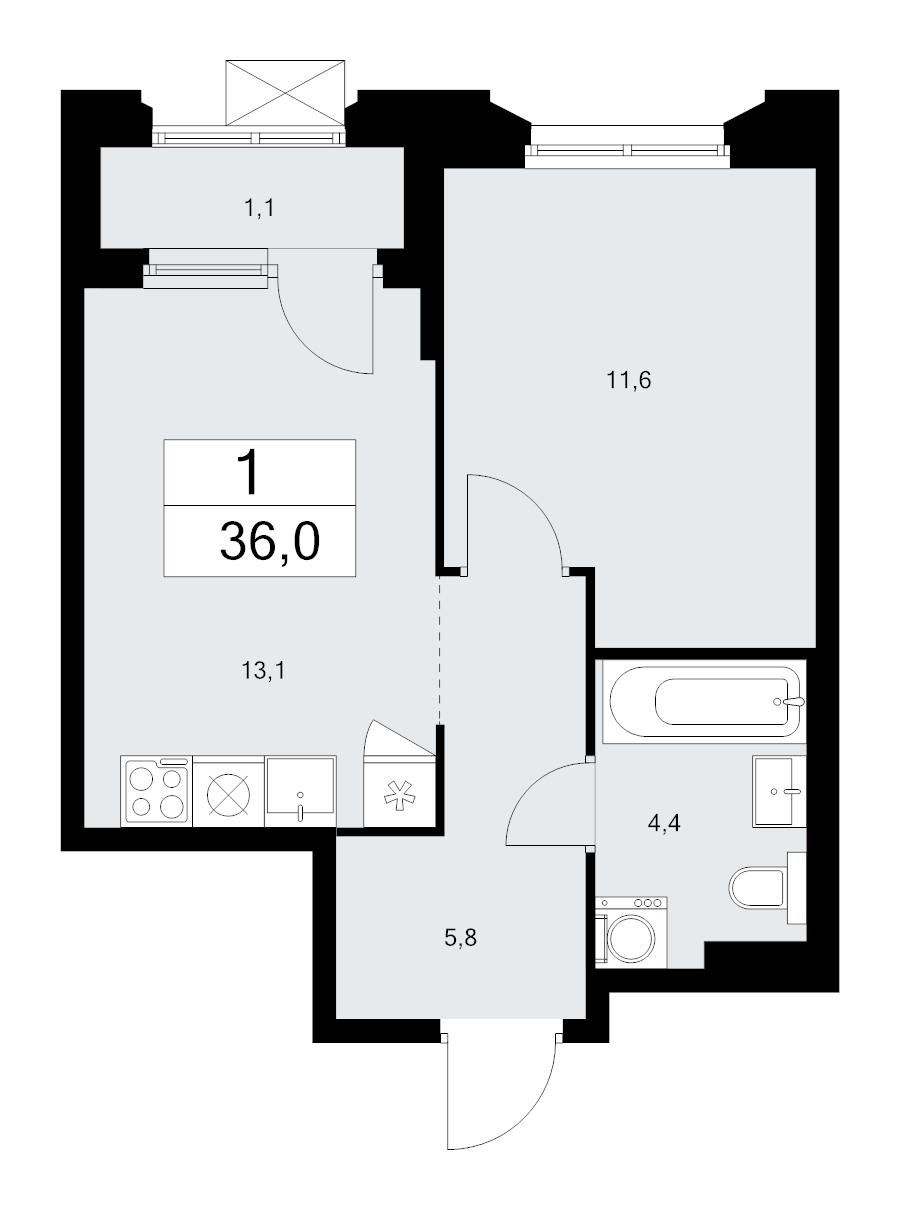 1 ккв 36 м²